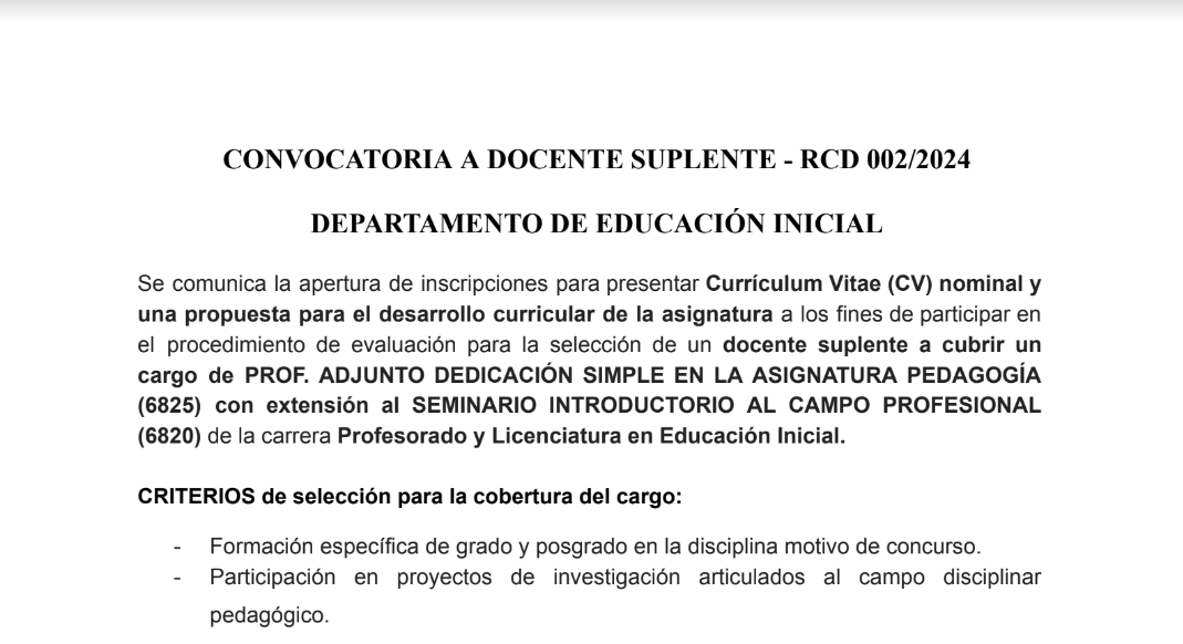 Convocatoria a Docente Suplente  | RCD 002/2024 – Departamento de Educación Inicial