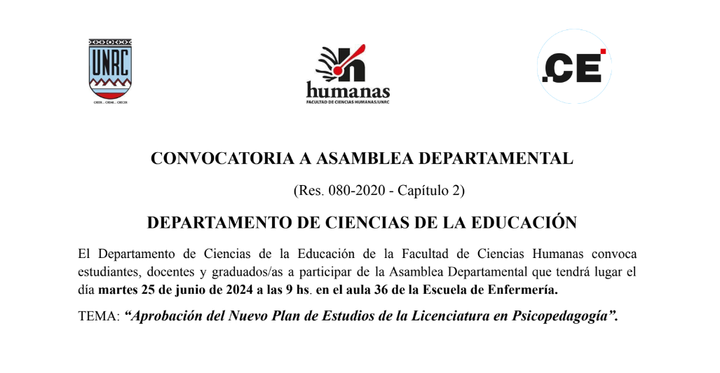 Convocatoria a Asamblea Departamental: Aprobación del nuevo Plan de Estudios de la Lic. en Piscopedagogía.