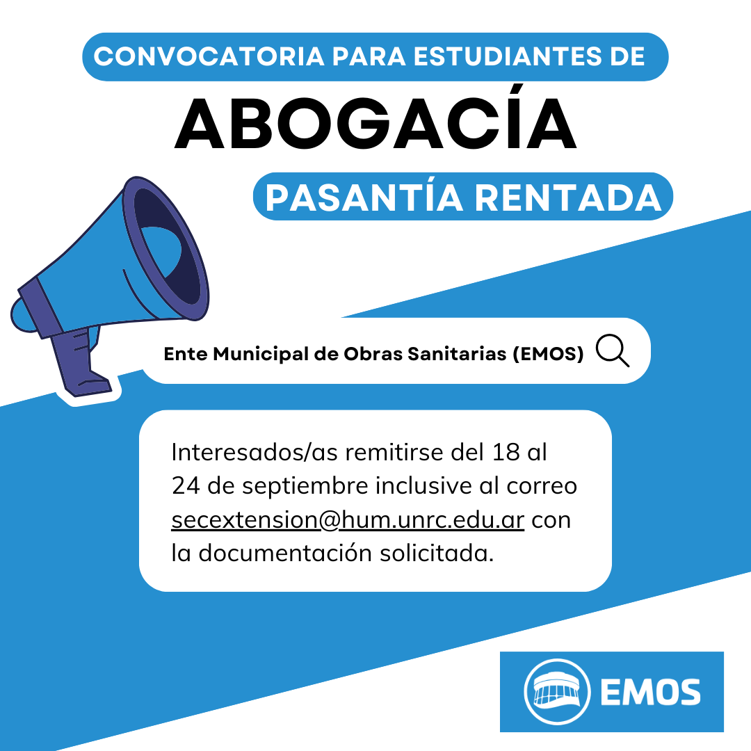 Convocatoria a estudiantes avanzados de Abogacía para la realización de Pasantías Educativas (rentadas) en EMOS
