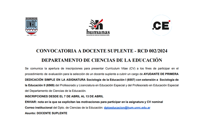 Convocatoria Docente Suplente para el Dpto. de Ciencias de la Educación