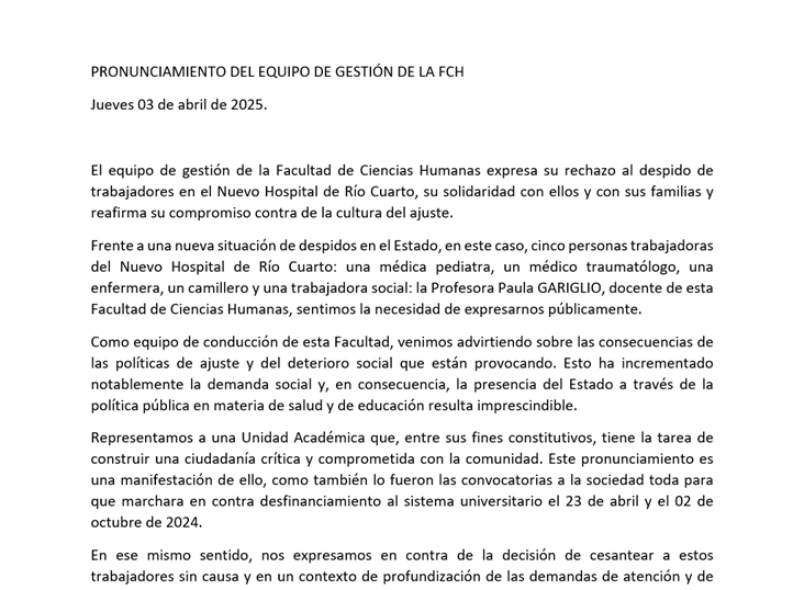 PRONUNCIAMIENTO DEL EQUIPO DE GESTIÓN DE LA FCH