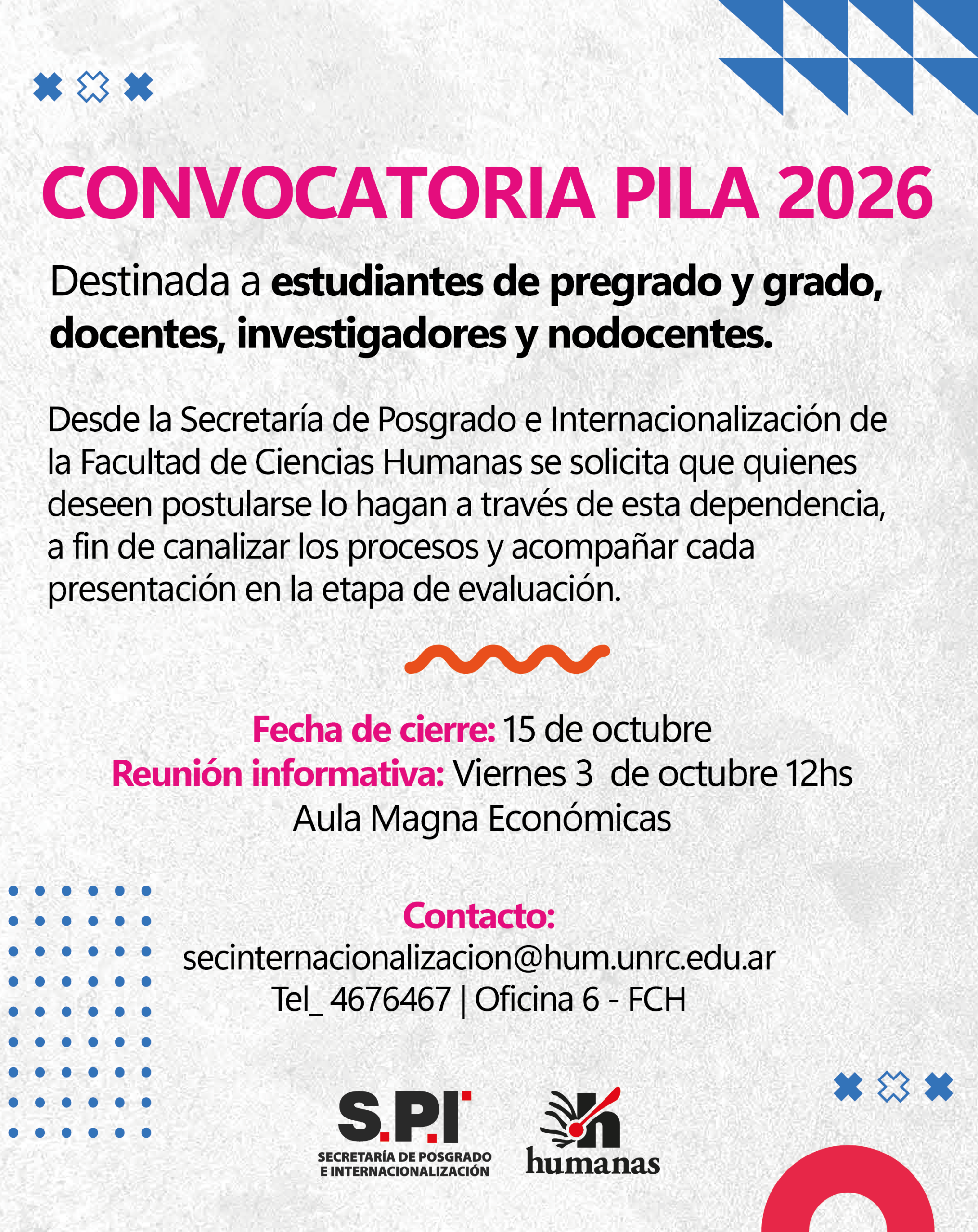 Convocatoria PILA: movilidad académica para estudiantes, docentes, investigadores y nodocentes 2026