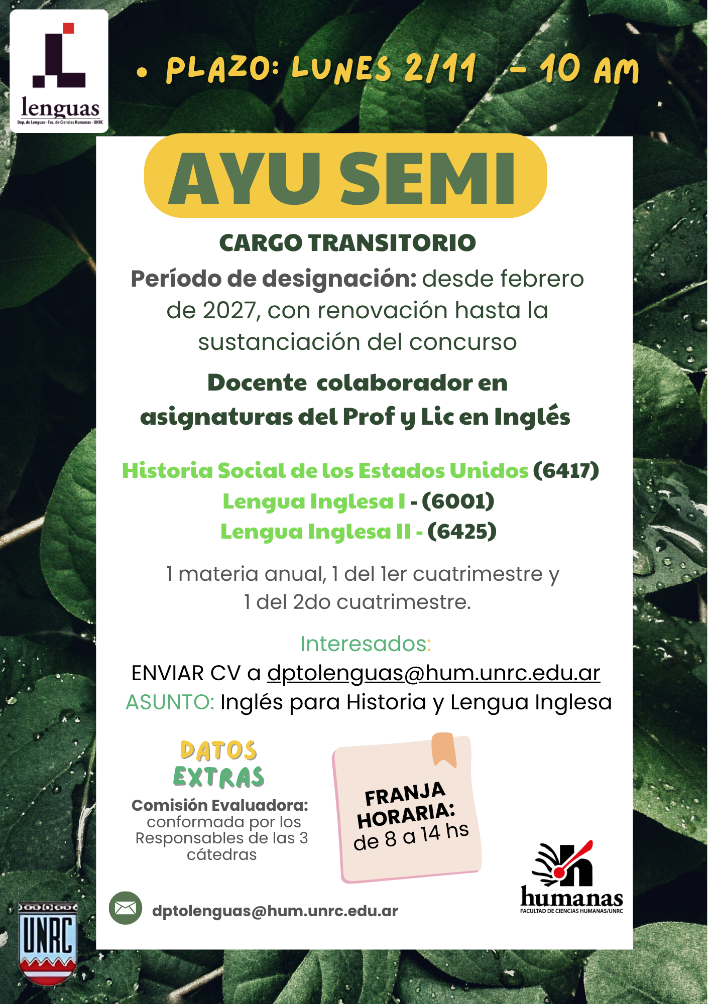 Convocatoria para Ayudante de Segunda Semiexclusivo en el área de Lenguas (transitorio)